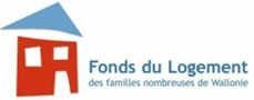 Logo du Fonds du Logement des familles nombreuses de Wallonie. Représentation stylisée d'une maison rouge avec un toit bleu clair, à côté du texte 'Fonds du Logement des familles nombreuses de Wallonie'.